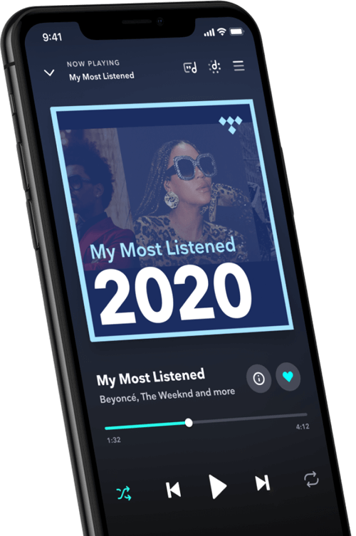An iPhone playling a My Most Listened 2020 playlist in the TIDAL app